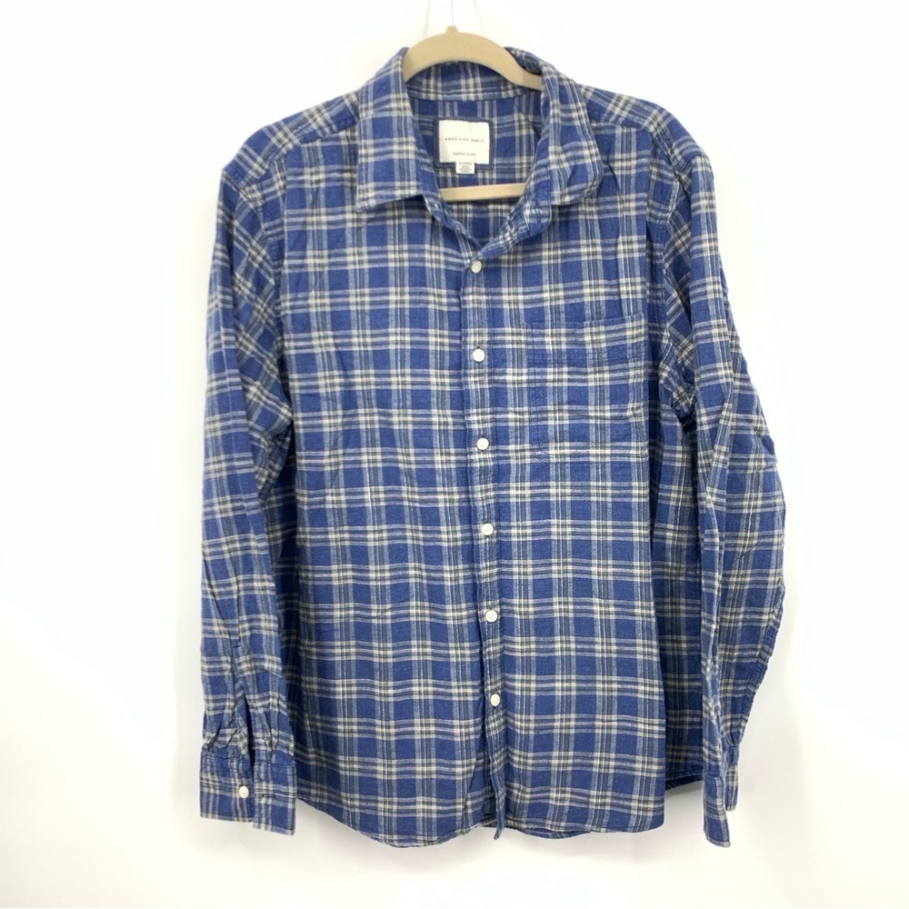 American‎ Eagle Women Size XL Shirt Button Down Top Blue Checkered Super Soft
